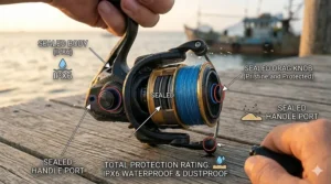 Infographic explaining IPX6 waterproof ratings for sealed spinning reel bodies.