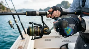 Ergonomic oversized power knob on a high speed reel for increased cranking leverage.