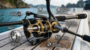 Cutaway view of stainless steel ball bearings providing smooth rotation in a high speed reel.