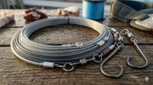 Durable stainless steel wire leaders and cable rigs used to prevent shark bite-offs during a fight.