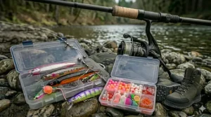 An assortment of soft plastic beads and cured salmon spawn sacks for steelhead bait fishing.
