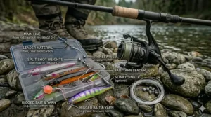 A detailed diagram showing how to rig bait and yarn for steelhead drift fishing.