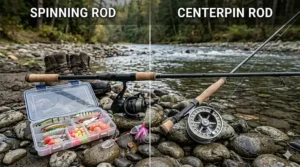 A comparison of spinning and centerpin rods used for different steelhead fishing techniques.