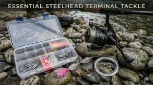A collection of terminal tackle including swivels, weights, and beads for steelhead rigs.