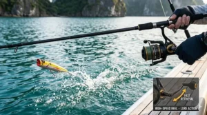 Illustration of a high speed reel retrieving a topwater lure quickly across the surface.