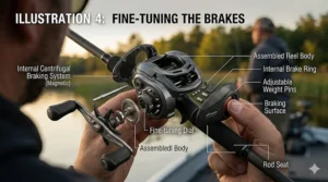 Adjusting the magnetic braking system settings on a left hand baitcasting reel to prevent bird nests and backlashes.
