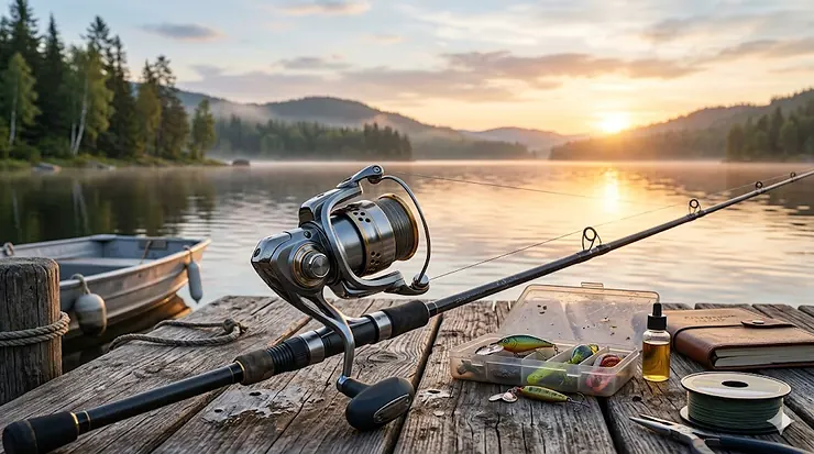 A high-quality aluminum spool spinning reel mounted on a fishing rod against a scenic lakeside background.