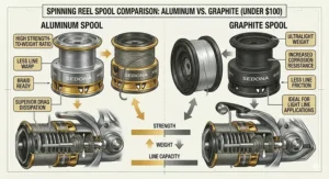 Comparison of braided-line-ready aluminum spools and lightweight graphite spools found on spinning reels under $100.