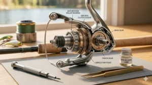 Technical illustration showing the internal one-way roller bearing of an anti-reverse spinning reel.