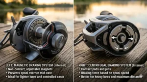 Side-by-side diagram showing the internal magnetic and centrifugal braking systems of an affordable baitcasting reel to prevent backlashes.
