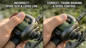 Close-up illustration of correct thumb placement on a flipping baitcaster spool to prevent birdsnests.