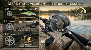 A photorealistic infographic chart comparing three common baitcaster gear ratios (6.3:1, 7.1:1, 8.1:1), complete with lure recommendations for deep diving crankbaits, general-purpose plastics, and spinnerbaits, set on a wooden dock with technical callouts.
