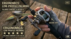 A 4K detailed illustration from a top-down perspective showing a fisherman's hands palming the VAPOR low-profile baitcasting reel (under $150) on a fishing rod at sunset, emphasizing compact design and secure grip.