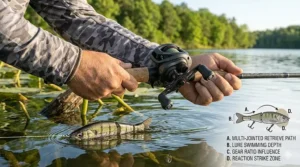 Vector illustration of an angler using a low profile baitcaster to pitch jigs for largemouth bass near heavy lily pad cover.