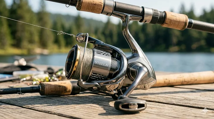 A high-quality front view of a modern anti-reverse spinning reel mounted on a carbon fiber rod. anti reverse spinning reel
