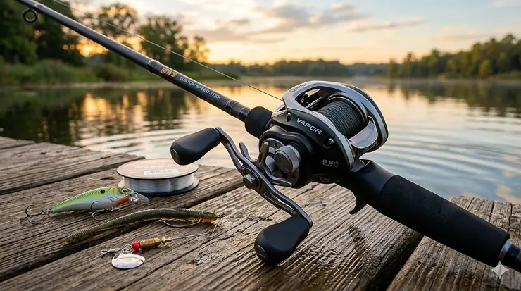 A high-quality baitcasting reel mounted on a fishing rod with hard baits, representing the best baitcaster under 150 dollars for bass fishing. baitcaster under $150