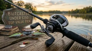 Close-up profile of our top-rated budget baitcasting reel highlighting its sleek frame and durable handle knobs.