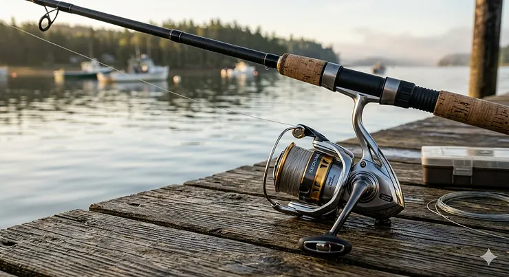 A photorealistic close-up of a Shimano Sedona spinning reel with braid line, mounted on a fishing rod on a weathered wooden dock at sunrise. spinning reel under $100