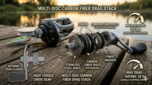 A technical cutaway diagram illustrating the smooth carbon fiber drag system and force gauge of an affordable baitcasting reel under extreme load.
