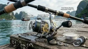 Close-up illustration of a carbon fiber stack drag system, a common feature in a durable spinning reel under $200.