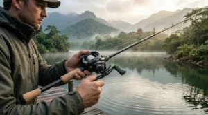 An angler casting a lure smoothly using a magnetic brake baitcaster to prevent line bird nesting.