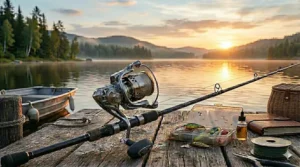 Step-by-step illustration for cleaning and maintaining an aluminum spool spinning reel after use.