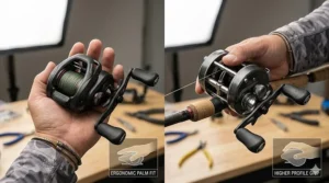Illustration demonstrating how a low profile baitcaster fits comfortably in an angler's palm compared to a round baitcasting reel.