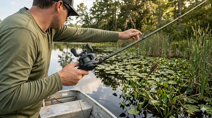 A close-up shot of an angler using a flipping baitcaster reel to target bass in thick lily pads.
