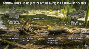 Illustration of a weedless Texas-rigged creature bait perfect for flipping with a baitcasting reel.