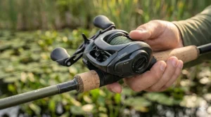 Illustration highlighting the key features of a flipping baitcaster, including the flipping switch and high-speed gear ratio.