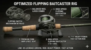 Illustrated breakdown of a balanced flipping baitcaster paired with a heavy-power fast-action bass rod.