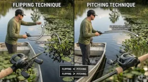 Comparison chart illustrating the distance and trajectory differences between flipping and pitching with a baitcaster.