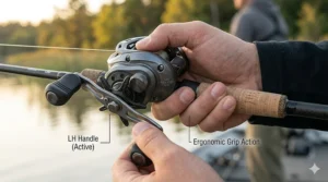 Angler holding a fishing rod in the right hand while retrieving a lure using a left hand baitcasting reel.