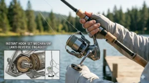 Illustration of a fisherman setting the hook firmly without handle back-play thanks to an anti-reverse spinning reel.