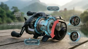 Infographic diagram explaining how a magnetic brake baitcaster uses eddy currents to slow down a spinning spool.