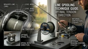 Step-by-step graphic showing how to tie a knot and spool fishing line onto a left hand baitcasting reel.