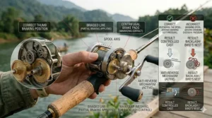 Illustration showing proper thumb placement on the spool of a round baitcasting reel to prevent backlash.