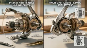 A side-by-side comparison diagram showing the difference between instant anti-reverse and traditional multi-stop systems.