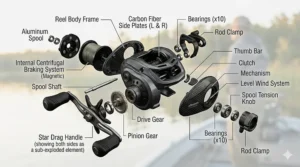 Anatomy diagram of a left hand baitcasting reel labeling the star drag, spool, and braking system controls.