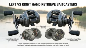 Side-by-side comparison diagram showing the handle placement differences between a left hand baitcasting reel and a right hand model.