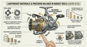 Visual demonstration of a lightweight graphite rotor providing balance for a spinning reel under $100.