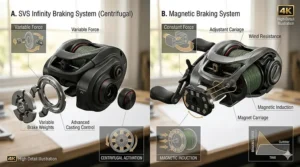 A side-by-side illustration explaining the internal difference between magnetic and centrifugal brakes in a modern low profile baitcaster.
