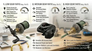 Infographic illustration comparing high, medium, and low gear ratios for a low profile baitcaster and their best fishing applications.