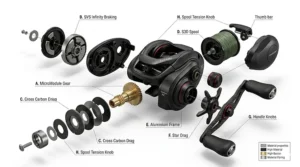A labeled illustration showing the main parts of a low profile baitcaster, including the spool, tension knob, star drag, and braking system.