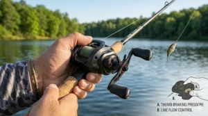 Illustration of an angler's thumb applying gentle pressure to the spool of a low profile baitcaster mid-cast to prevent birds nests.