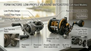 Comparing a low-profile bass fishing reel to a round heavy-duty left hand baitcasting reel format.