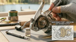 Illustration showing where to apply oil to the anti-reverse clutch assembly during routine spinning reel maintenance.