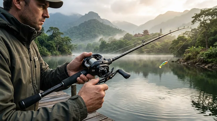 Close-up of a modern magnetic brake baitcaster reel mounted on a fishing rod by the water.