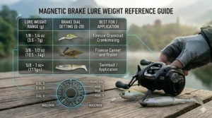 Reference table illustrating recommended magnetic brake baitcaster settings for light versus heavy fishing lures.