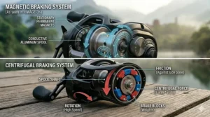 Comparison diagram highlighting the physical differences between a magnetic brake baitcaster and a centrifugal braking system.